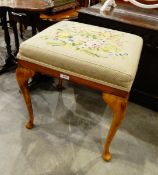 Stained beech stool with woolwork embroidered pad seat,