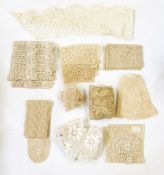 Quantity of lace pieces including bobbin lace, undyed lace, crocheted pieces, etc.