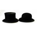 Vintage black fur top hat, two bowler hats, a quantity of gentlemen's gloves, scarves,