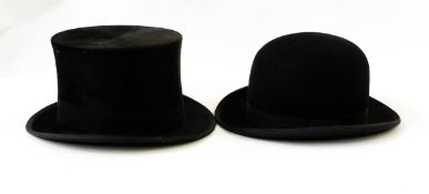 Vintage black fur top hat, two bowler hats, a quantity of gentlemen's gloves, scarves,