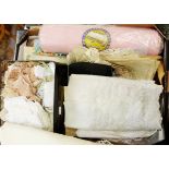 Quantity of assorted table linen, lace trimmings, a length of unused 'Fine Lace', pink,