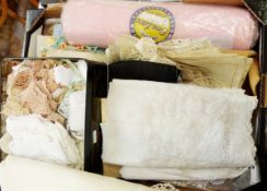 Quantity of assorted table linen, lace trimmings, a length of unused 'Fine Lace', pink,