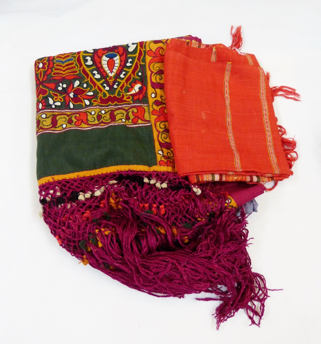 Indian embroidered silk throw with a deep fringe and an orange linen scarf/stole (2)