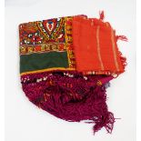 Indian embroidered silk throw with a deep fringe and an orange linen scarf/stole (2)