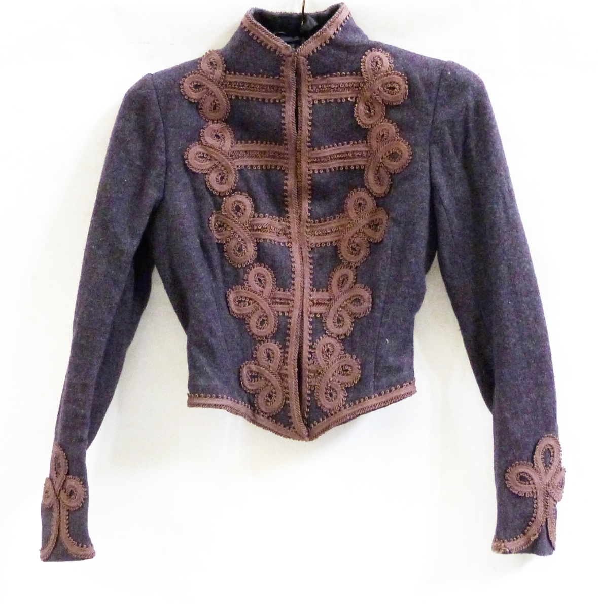 Victorian tweed wool jacket with frogging decoration, boned,