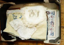 Victorian humorous doilies, embroidered tray,