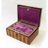 Victorian rosewood and satinwood workbox of rectangular form with banded decoration,