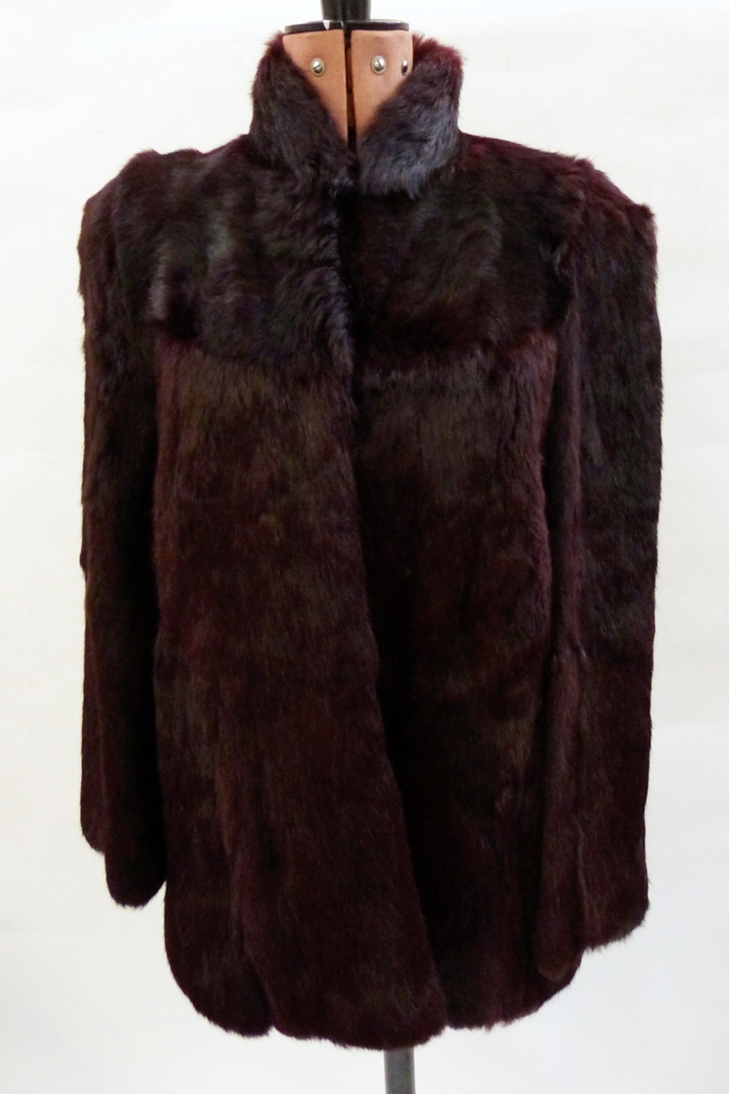 Three-quarter length coney jacket dyed deep maroon with a mink double-breasted 1960's/70's style