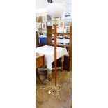 20th century stained wood and brass-effect standard lamp with tapered column on tripod brass-effect