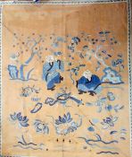 Persian style wool rug, the blue geometric lozenge decoration on beige field with geometric borders,