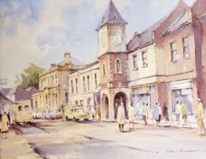 C Simpson (20th century) Two watercolours Street scene with clock tower in the middle ground and