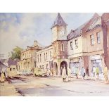 C Simpson (20th century) Two watercolours Street scene with clock tower in the middle ground and