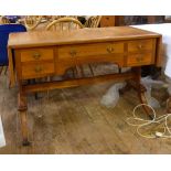 20th century Cotswold made oak drop-leaf writing table having framed panel top, drop ends,