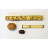 19th century Chinese carved bone bodkin case of cylindrical form decorated with a dragon,