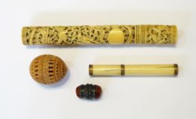 19th century Chinese carved bone bodkin case of cylindrical form decorated with a dragon,