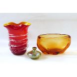 Large Art glass overlay vase having crimped rim, yellow with red overlay and white trail decoration,
