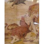 19th century woolwork panel depicting Elijah being fed by a raven, 40cm x 30cm,