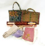 Vintage raffia handbag, hessian and woollen handbag, pair of leather gloves,