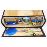 Leather dressing case containing silver, plated and blue guilloche enamel fittings, London 1928,