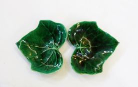Pair of Newell Stevens Los Angeles pottery ivy-leaf trinket dishes, 11.