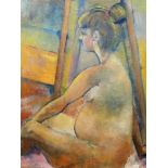 Sheila Cripps (20th century) Oil on canvas Portrait of a seated lady in a swimsuit,