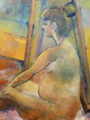 Sheila Cripps (20th century) Oil on canvas Portrait of a seated lady in a swimsuit,