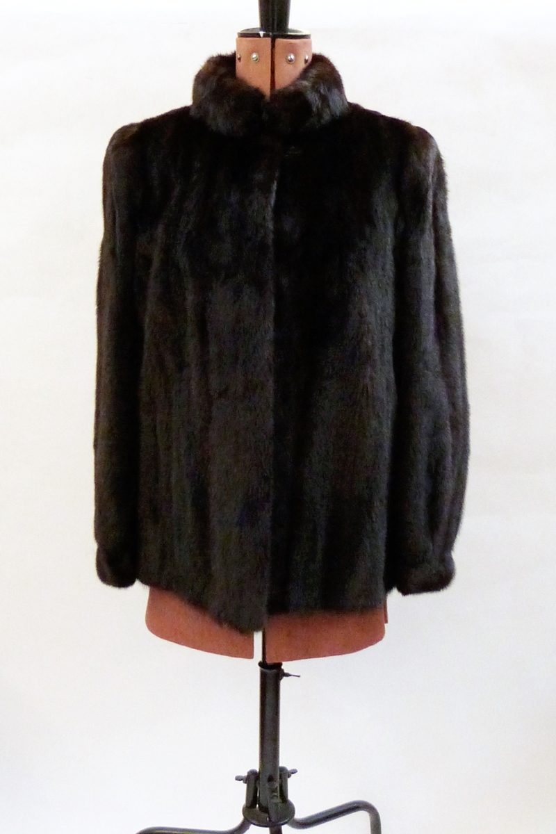 Dark ranch mink three-quarter length jacket with mandarin collar and cuffs to the sleeves,