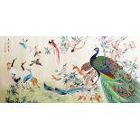 Chinese school (20th century) Watercolour on silk Peacocks and other exotic birds amidst blossom,