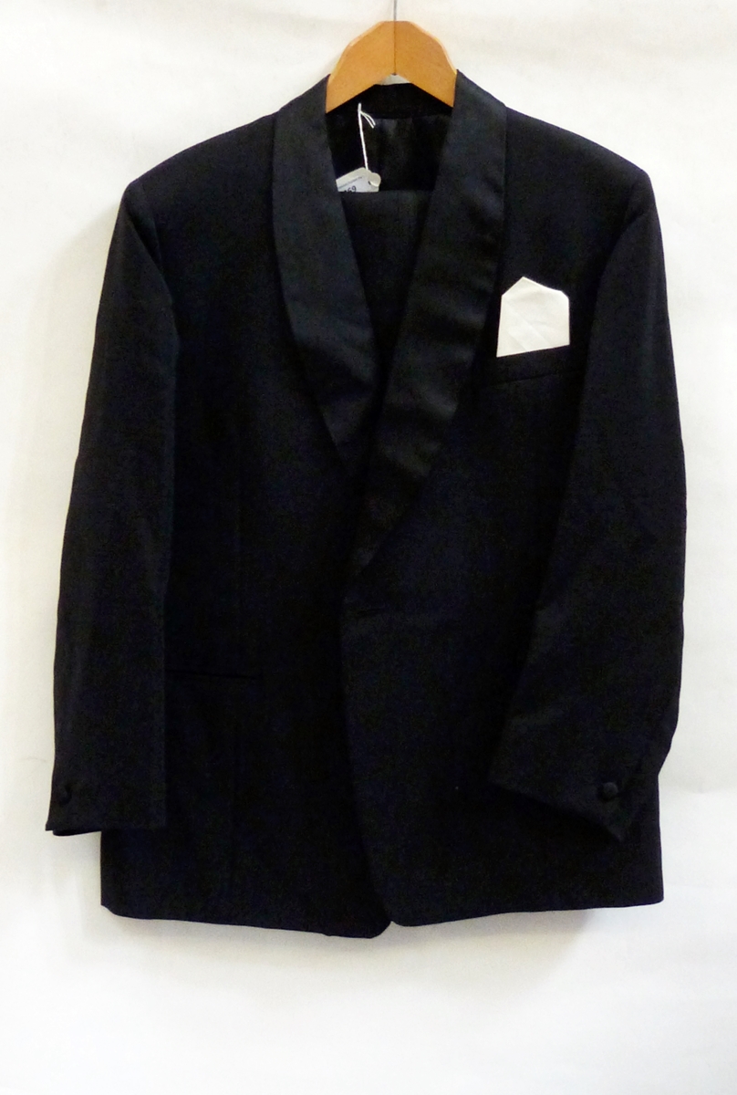 Gentleman's dinner suit with satin shawl collar and braid seam to trousers,