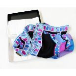 Emilio Pucci silk scarf with black ground in shades of purples and blues,