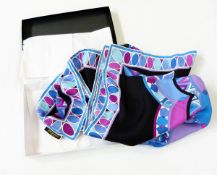 Emilio Pucci silk scarf with black ground in shades of purples and blues,