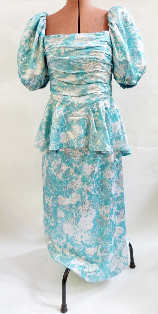 Magdalen Jebb 1980's silk evening suit with full-length skirt, bodice with peplum, puffed sleeves,