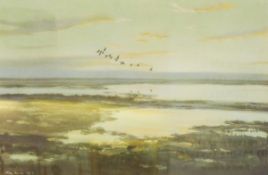 After Peter Scott (1909-1989) Colour print Geese against an evening sky,
