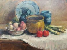 Victor Simonin (1877-1946) Oil on canvas Still life with vegetables and pottery plate,
