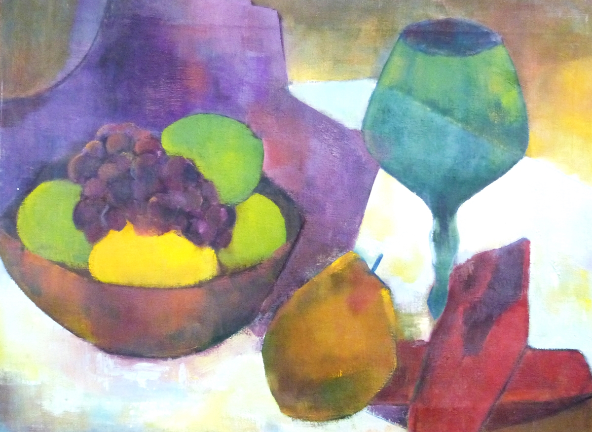 Sheila Cripps (20th century) Oil on canvas Still life with a bottle, bust and bowl of fruit,