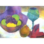 Sheila Cripps (20th century) Oil on canvas Still life with a bottle, bust and bowl of fruit,
