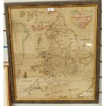 Late 18th century embroidered map of England by M A Deane 1795,