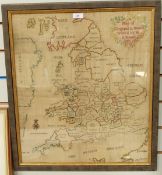 Late 18th century embroidered map of England by M A Deane 1795,