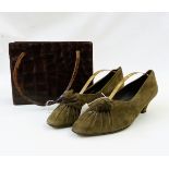 Vintage crocodile fixed-frame handbag with two carry handles and a pair of vintage Joan & David