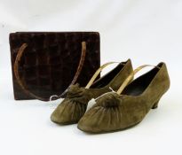 Vintage crocodile fixed-frame handbag with two carry handles and a pair of vintage Joan & David