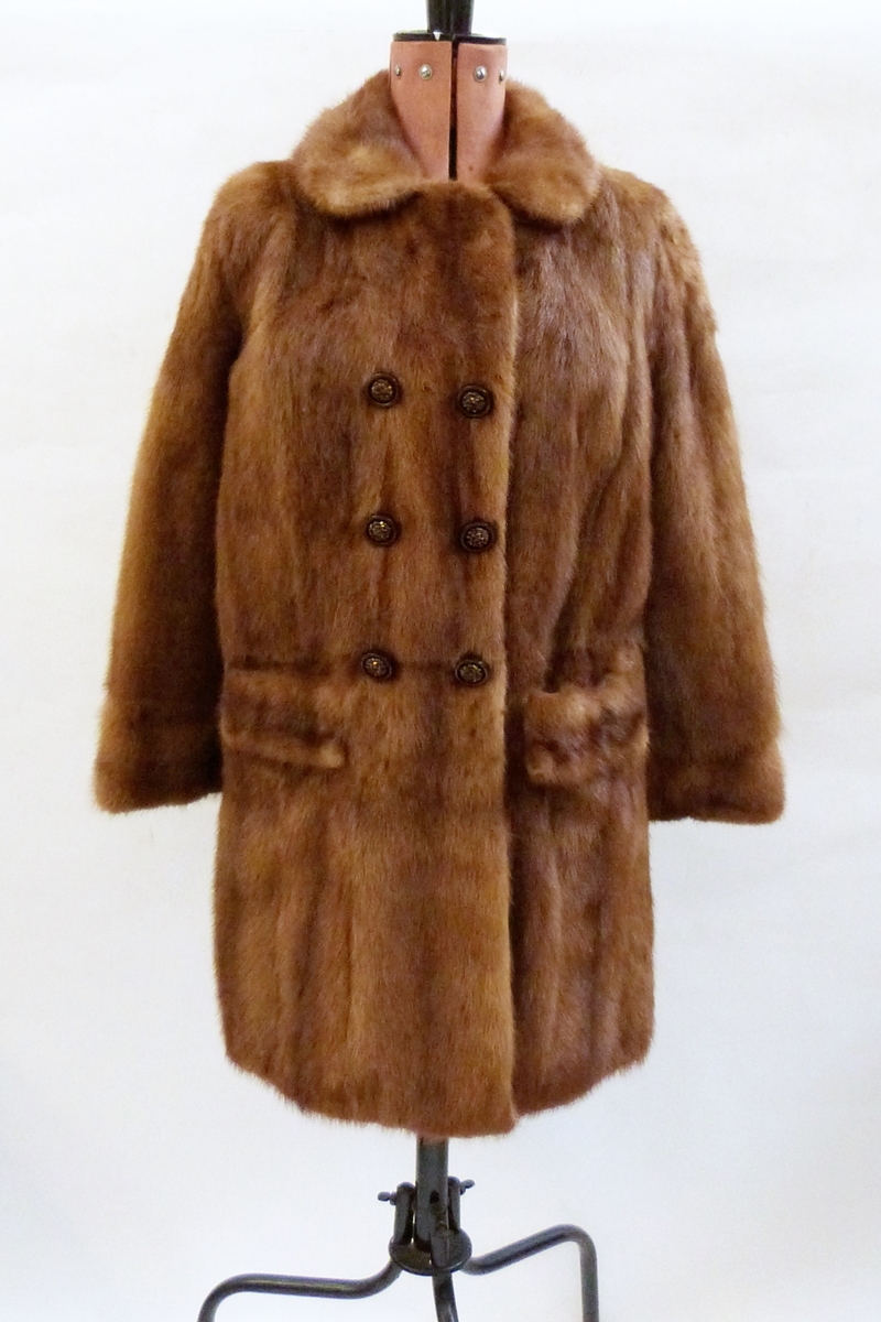 Three-quarter length coney jacket dyed deep maroon with a mink double-breasted 1960's/70's style - Image 2 of 3