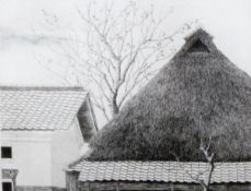 T Ryahie(?) (Japanese 20th century) Etching Thatched building with trees in foreground, signed,