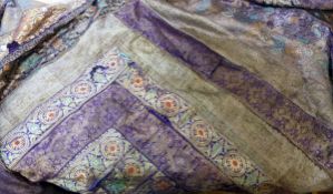 Large Indian bedspread/throw made up of borders of embroidered silk and another throw in dark green