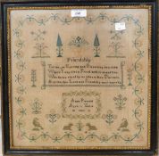 Victorian sampler by Anna Prewett 1852, with a central verse surrounded by flowers and birds,