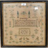 Victorian sampler by Anna Prewett 1852, with a central verse surrounded by flowers and birds,