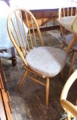 Set of Six Ercol elm and beech dining chairs, rounded railback with seat cushions,