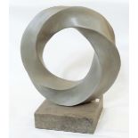 Contemporary grey composite circular twisted sculpture, on grey plinth,