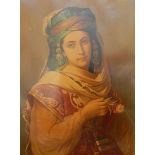 After Constant Brochart Chromolithograph Lady in traditional costume holding a flower,