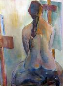 Sheila Cripps (20th century) Oil on board Half-length portrait of the back of a seated female