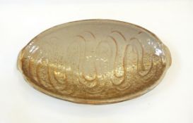 Studio pottery stoneware dish, oval with grey and brown glaze and Clarice Cliff pottery bowl,